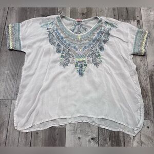 Johnny Was Xander Embroidered Short Sleeve Sheer Top Shirt Large